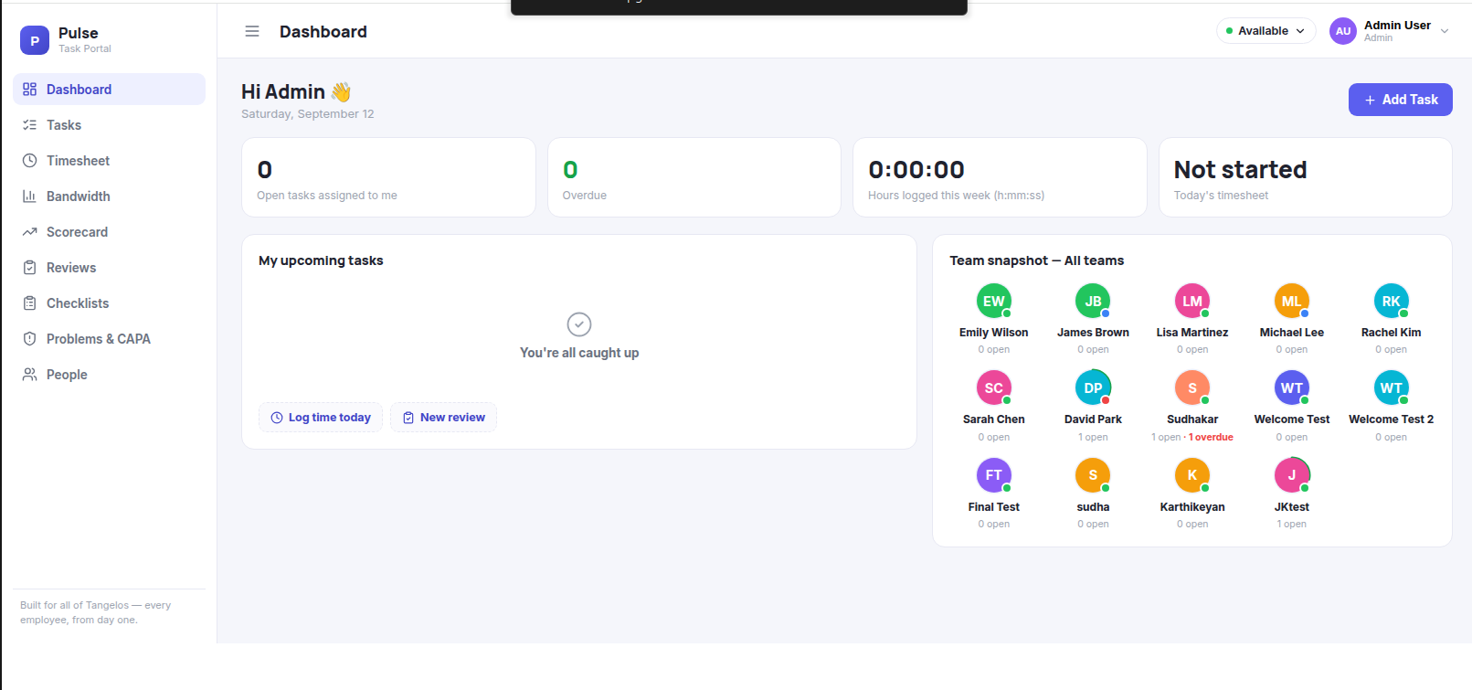 Pulse dashboard showing every team member's status, open tasks and overdue count