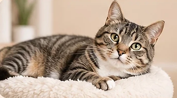 Tabby cat relaxing on a fluffy cushion