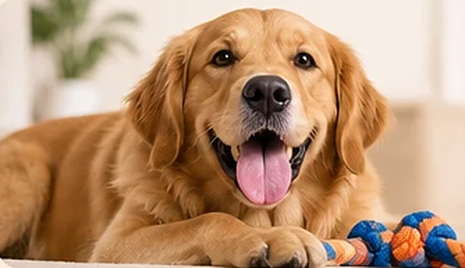 Golden retriever lying down with a rope toy